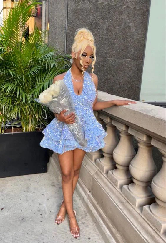 Cute A-line V Neck Sleeveless Sequin Short-Mini Homecoming Dress