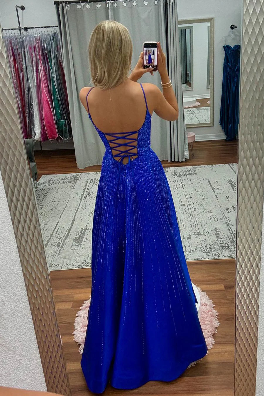 A Line V Neck Cute Royal Blue Satin Prom Dresses with Beadings