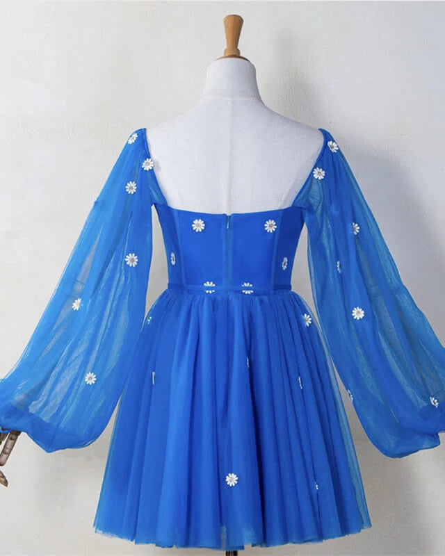 A-line Puff Long Sleeve Strapless Party Graduation Lace Cocktail Dress Prom Dresses