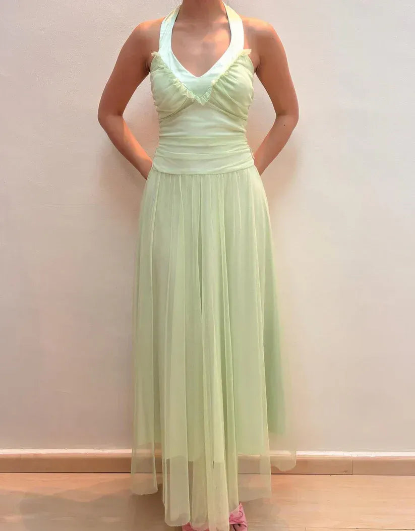Discount A-line Halter Neck Sleeveless Pleated Tulle Floor-Length Prom Dress