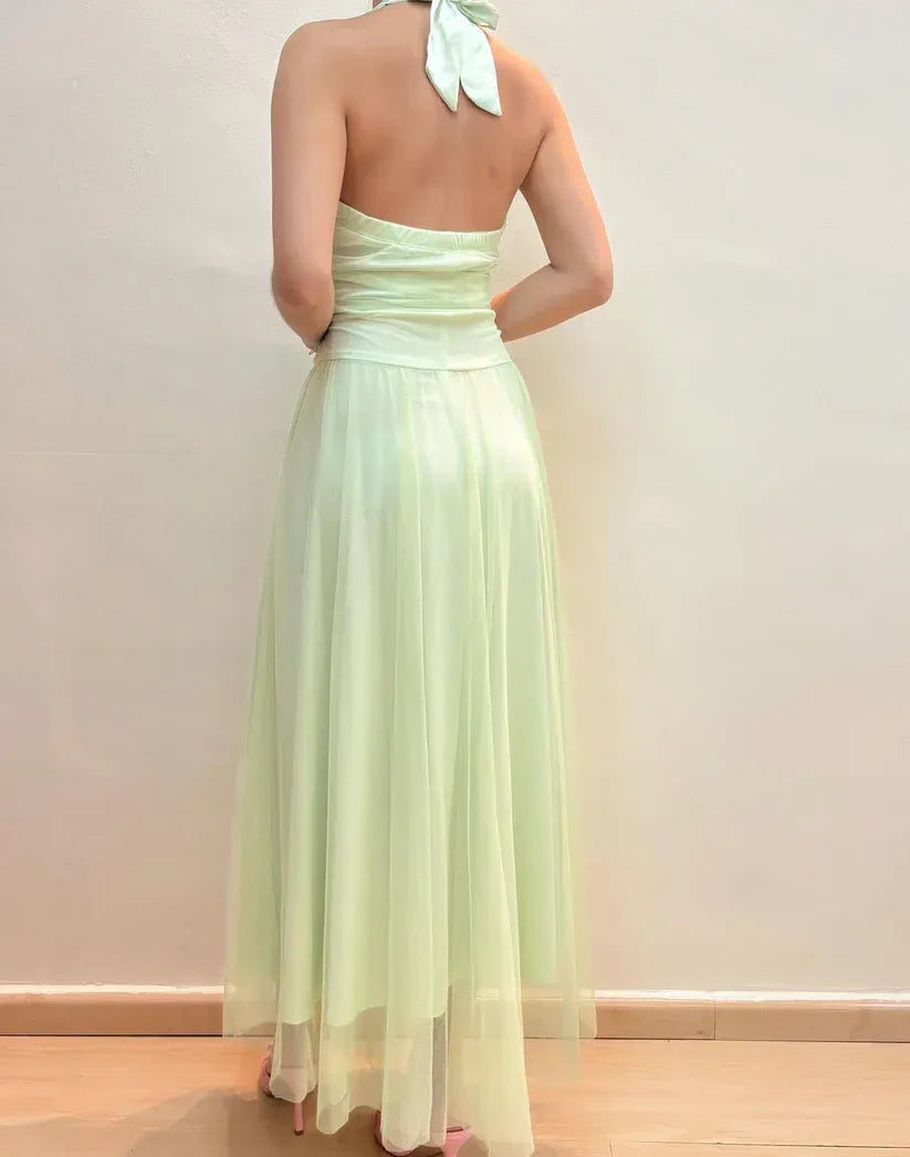 Discount A-line Halter Neck Sleeveless Pleated Tulle Floor-Length Prom Dress
