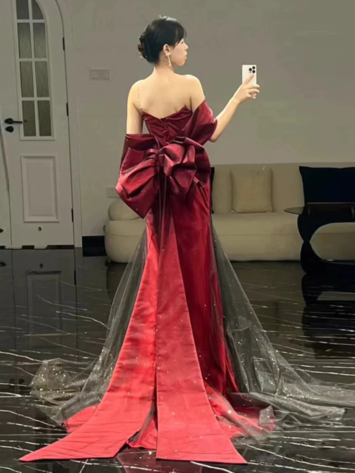Dramatic Mermaid Off-Shoulder Bow-Detailed Burgundy Satin Black Party Dresses