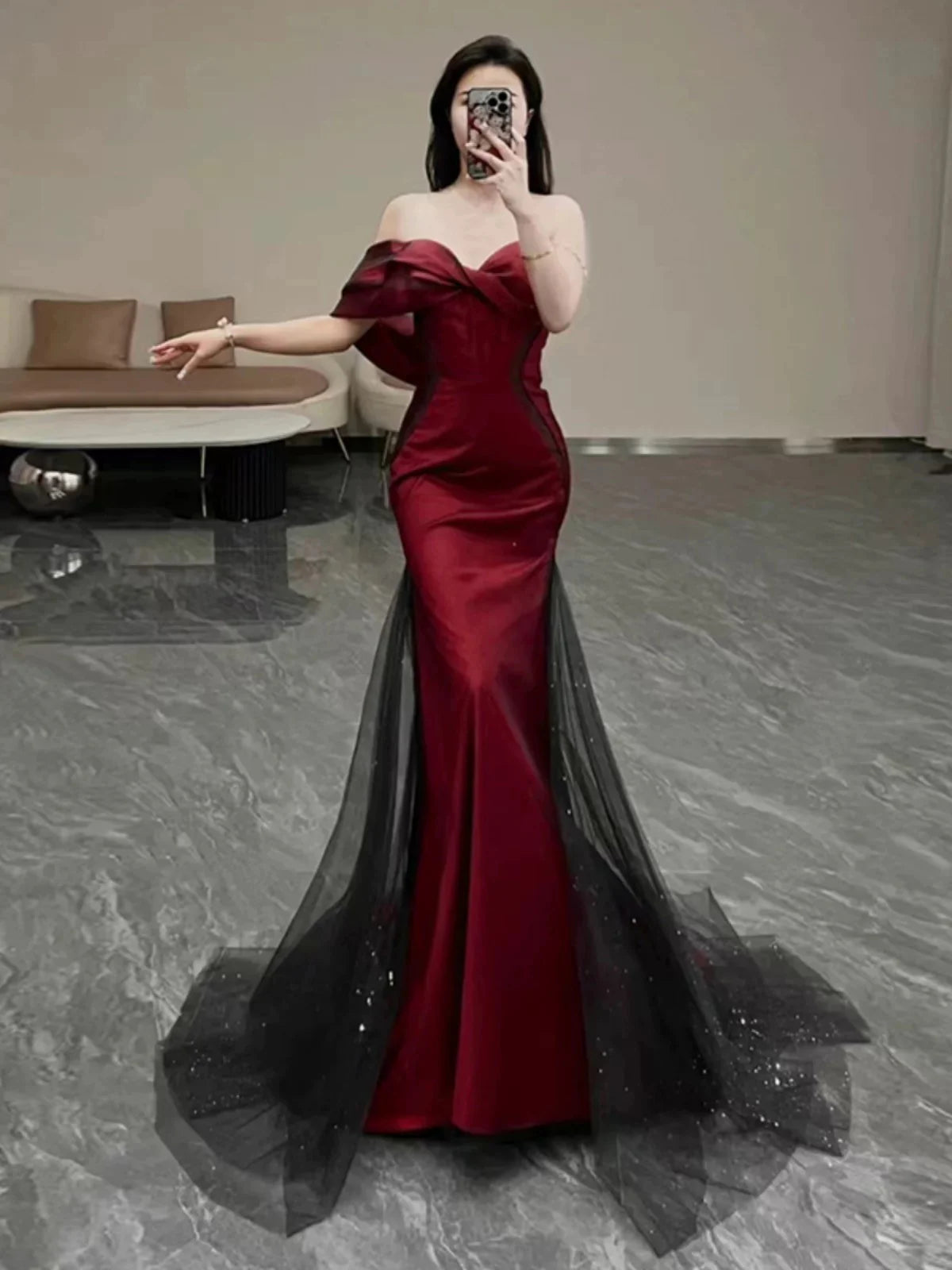 Dramatic Mermaid Off-Shoulder Bow-Detailed Burgundy Satin Black Party Dresses