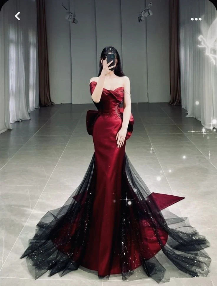 Dramatic Mermaid Off-Shoulder Bow-Detailed Burgundy Satin Black Party Dresses