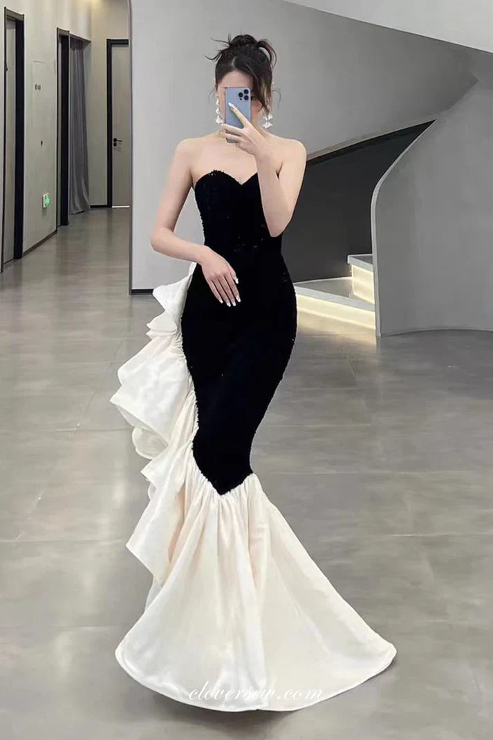Dramatic Mermaid Strapless Sleeveless Ruffled Black-White Satin Party Dresses