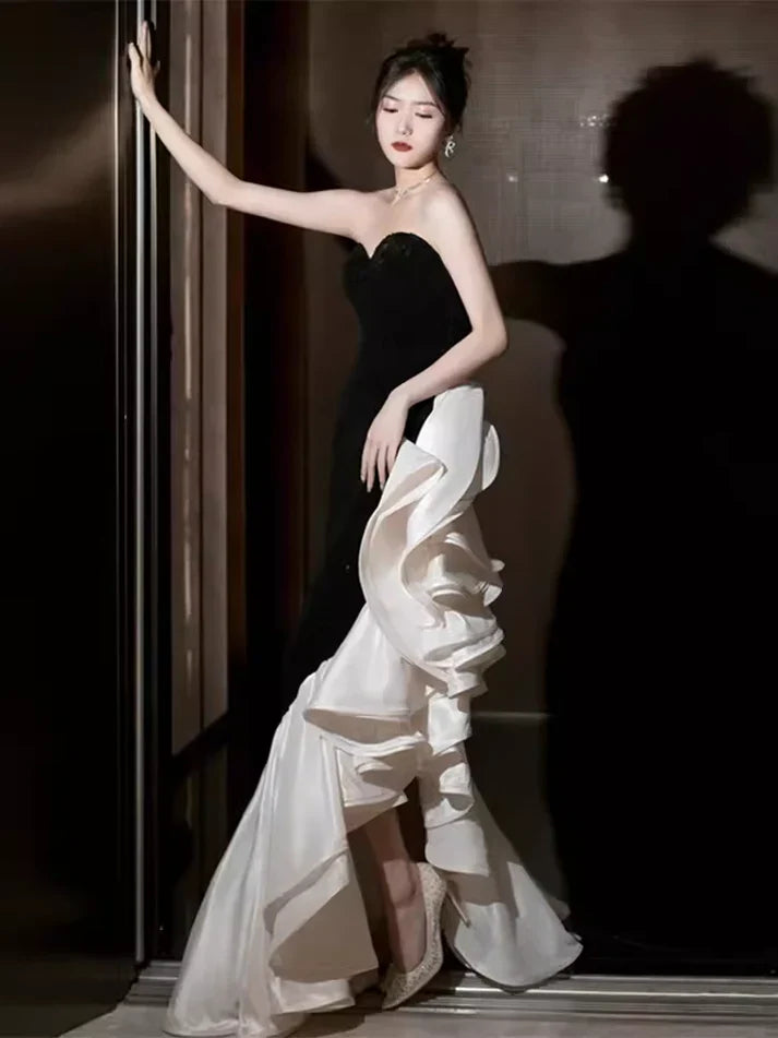 Dramatic Mermaid Strapless Sleeveless Ruffled Black-White Satin Party Dresses