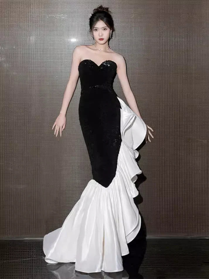 Dramatic Mermaid Strapless Sleeveless Ruffled Black-White Satin Party Dresses