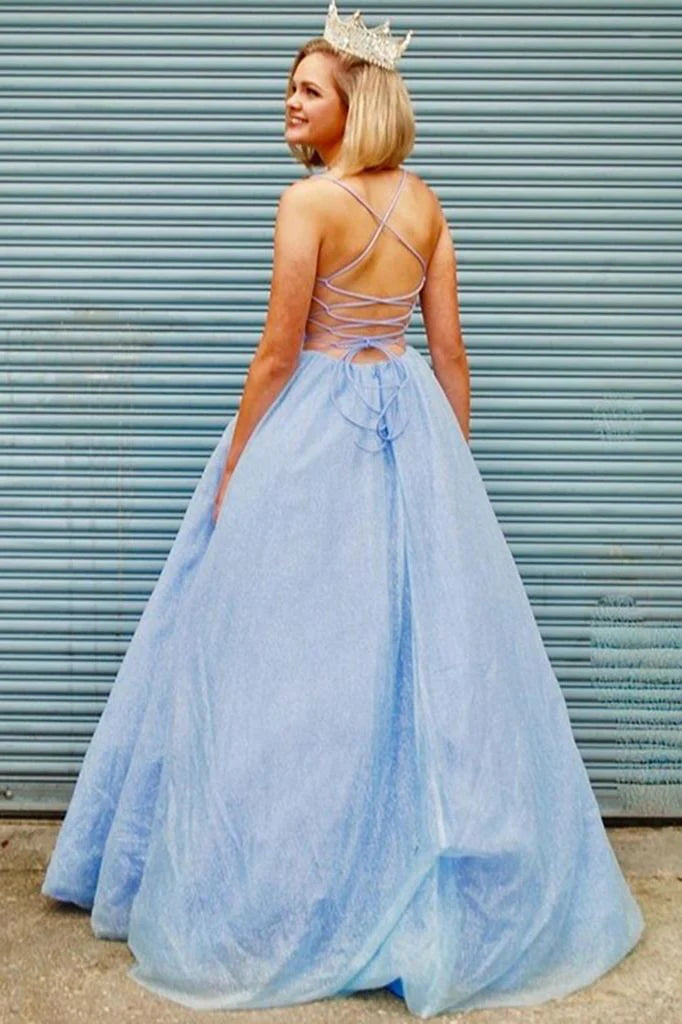 Dreamy V-Neck Sleeveless Tulle Sky Blue Floor-Length Party Dress
