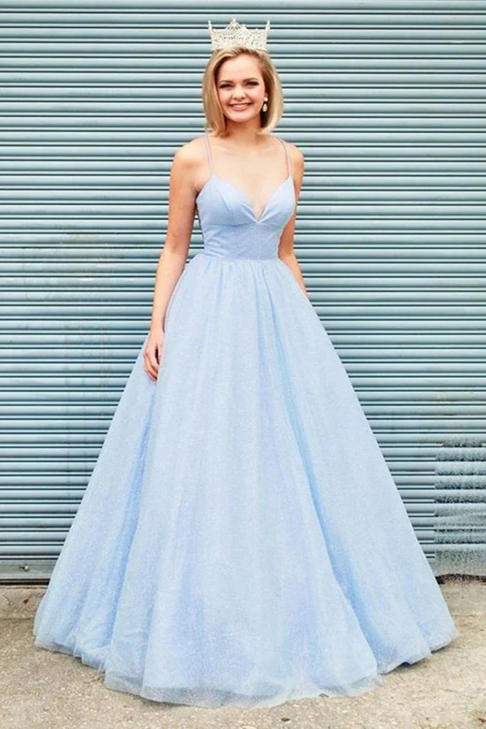 Dreamy V-Neck Sleeveless Tulle Sky Blue Floor-Length Party Dress