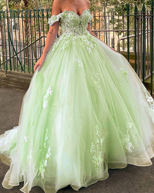 A-line Off-The-Shoulder 3D Flowers Ball Gown Prom Dresses
