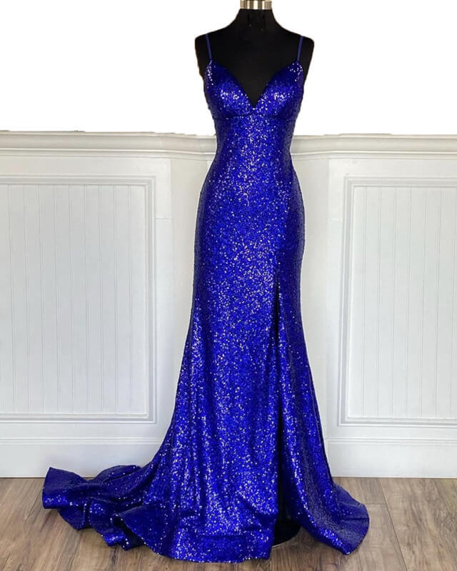 Mermaid Sequin Dresses V-neck Split Prom Dresses