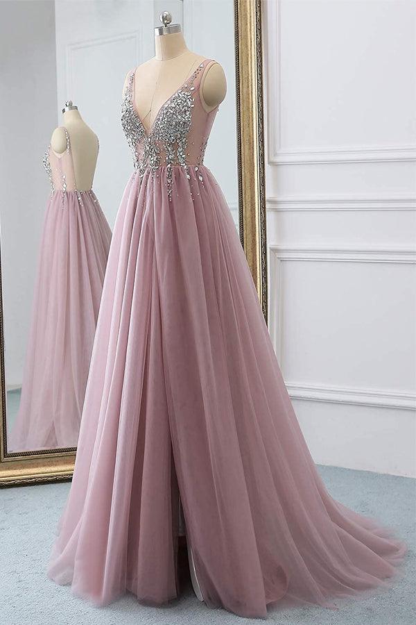 A Line Sparkly V Neck Tulle Long Prom Evening Dress