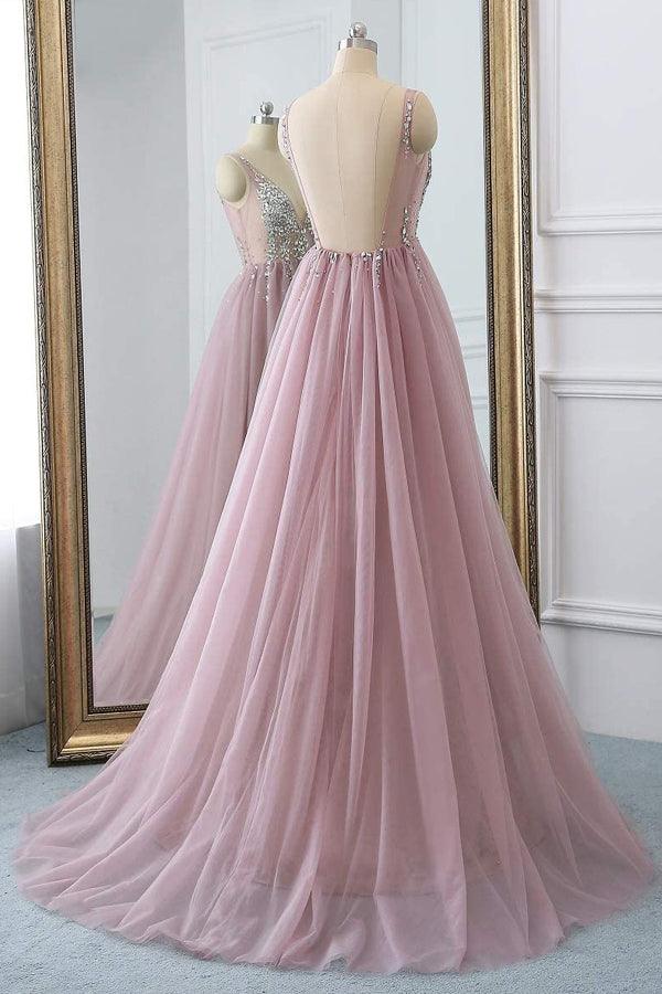 A Line Sparkly V Neck Tulle Long Prom Evening Dress