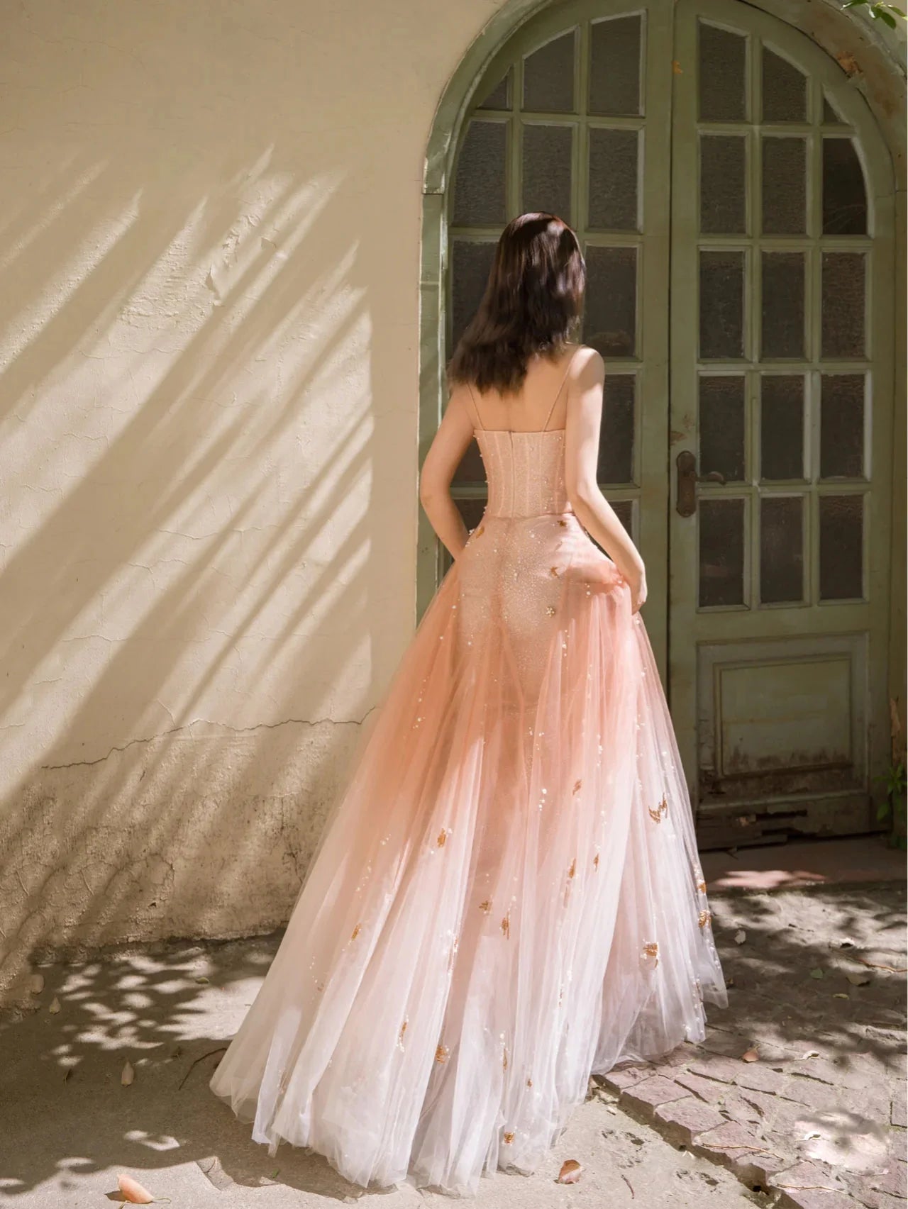 V neck sequin tulle long prom dress