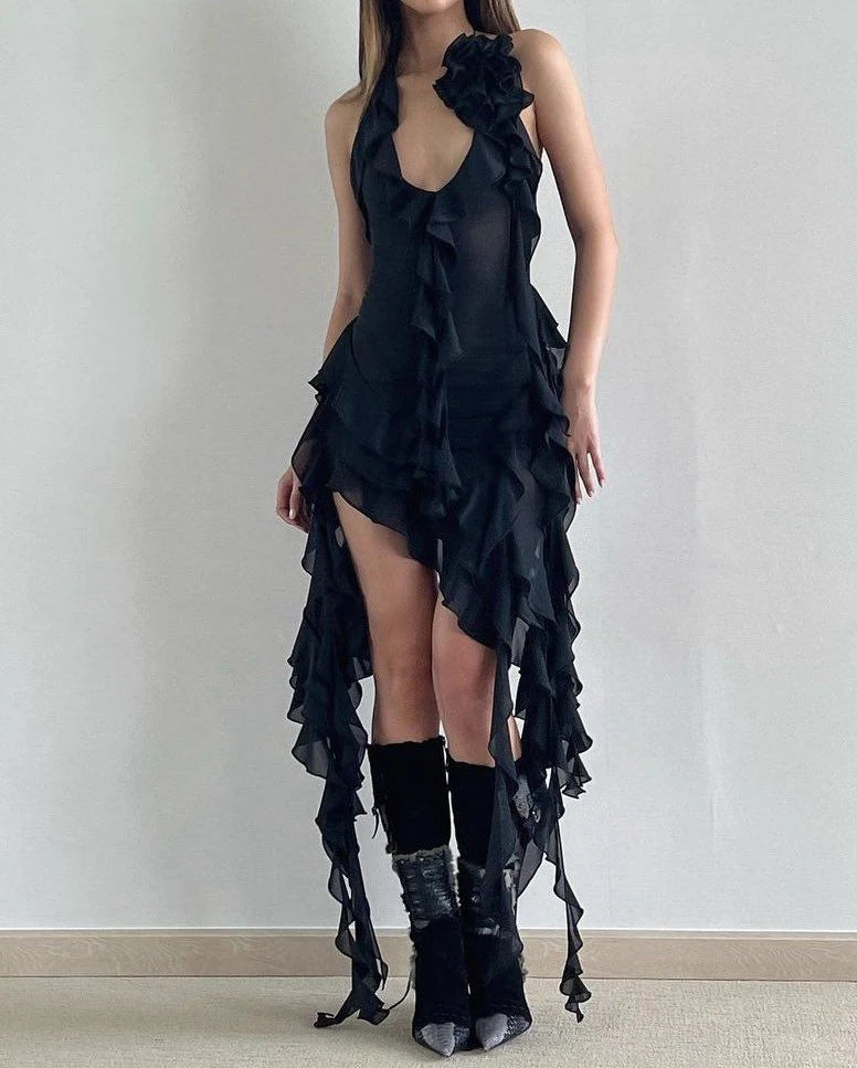Edgy Halter-Neck Sleeveless Ruffled Black Asymmetrical Party Dresses