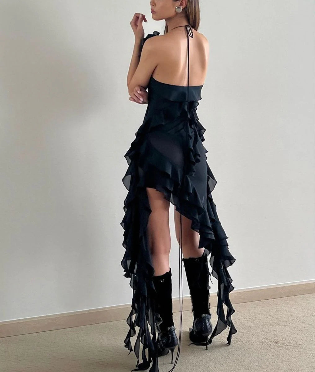 Edgy Halter-Neck Sleeveless Ruffled Black Asymmetrical Party Dresses