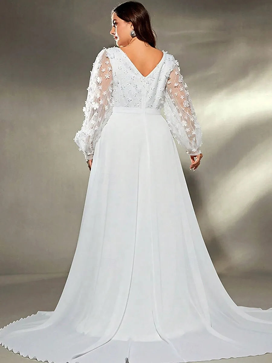 Plus Size Elegant A-Line Deep V Neck Floral Applique Chiffon White Train Prom Dress