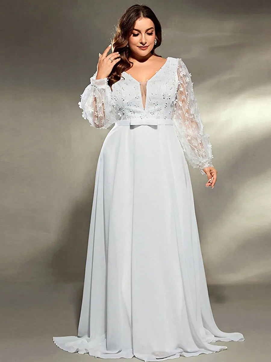 Plus Size Elegant A-Line Deep V Neck Floral Applique Chiffon White Train Prom Dress