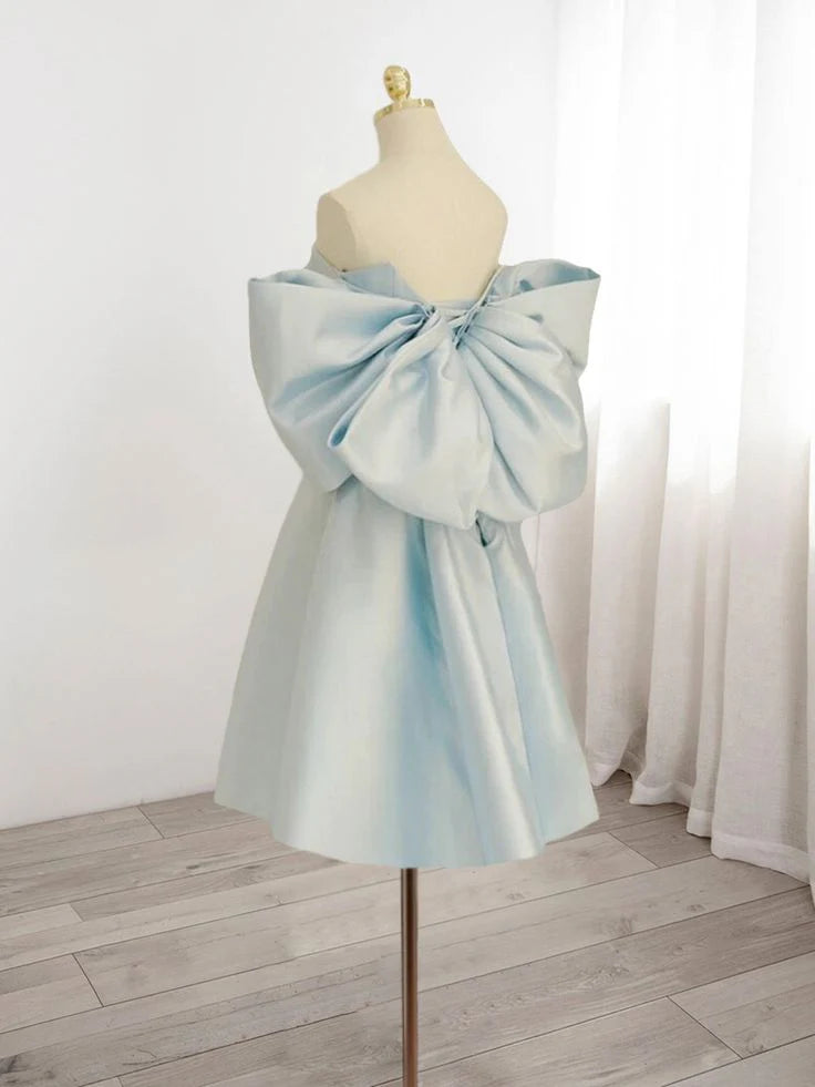 Elegant A-Line Off-the-Shoulder Satin Light Blue Mini Homecoming Dress