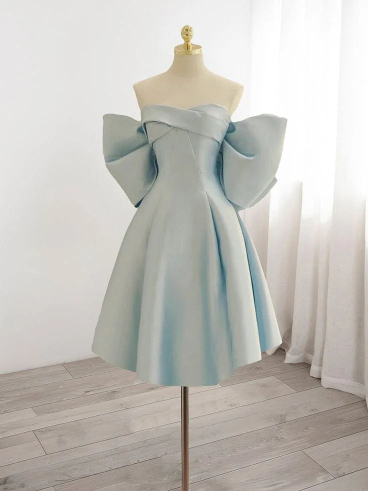 Elegant A-Line Off-the-Shoulder Satin Light Blue Mini Homecoming Dress