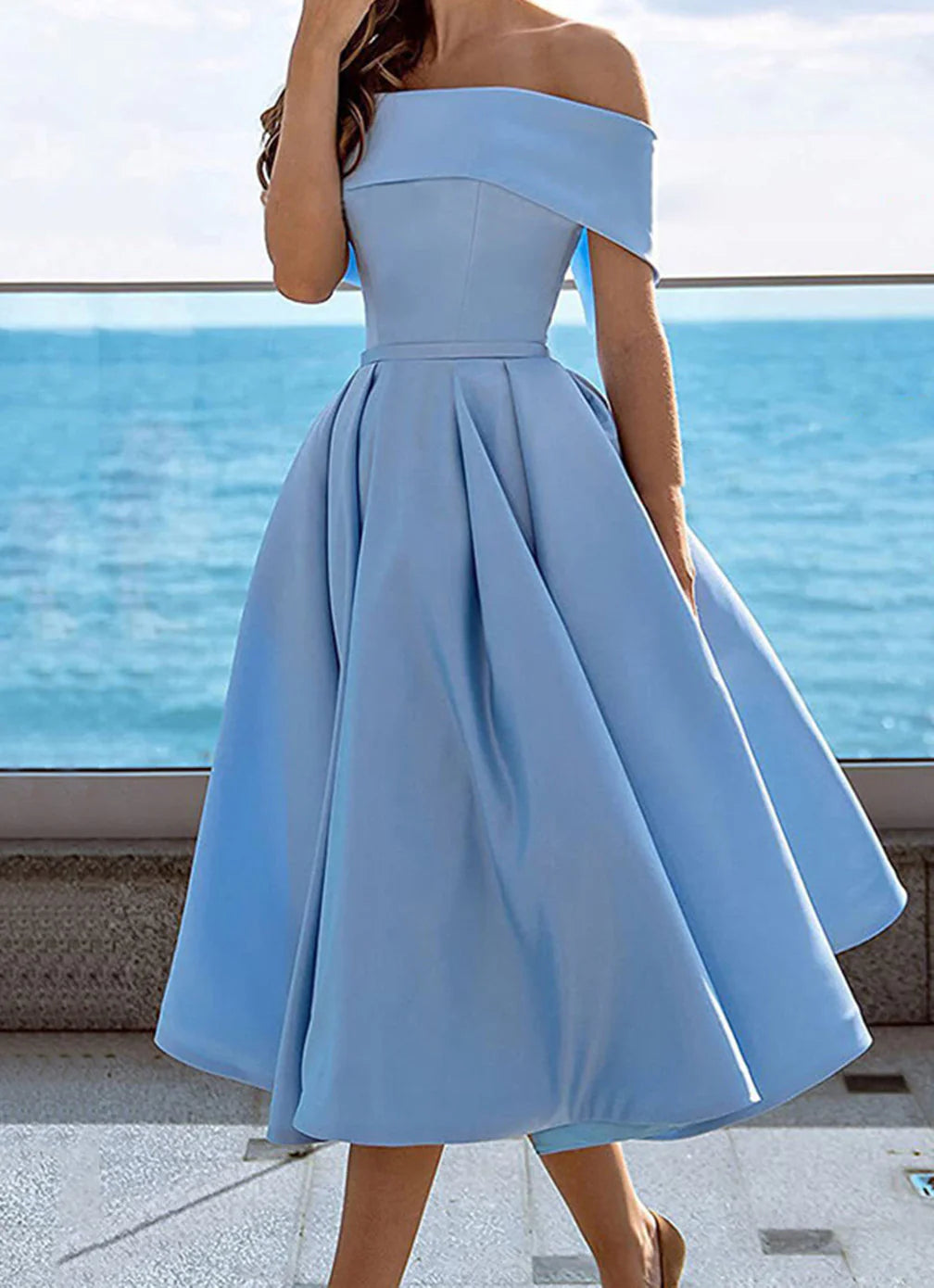 Elegant A-Line Off Shoulder Sleeveless Lace Up Tea-Length Prom Dress