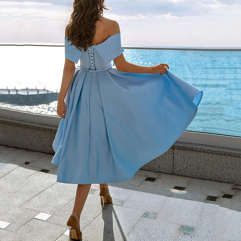 Elegant A-Line Off Shoulder Sleeveless Lace Up Tea-Length Prom Dress