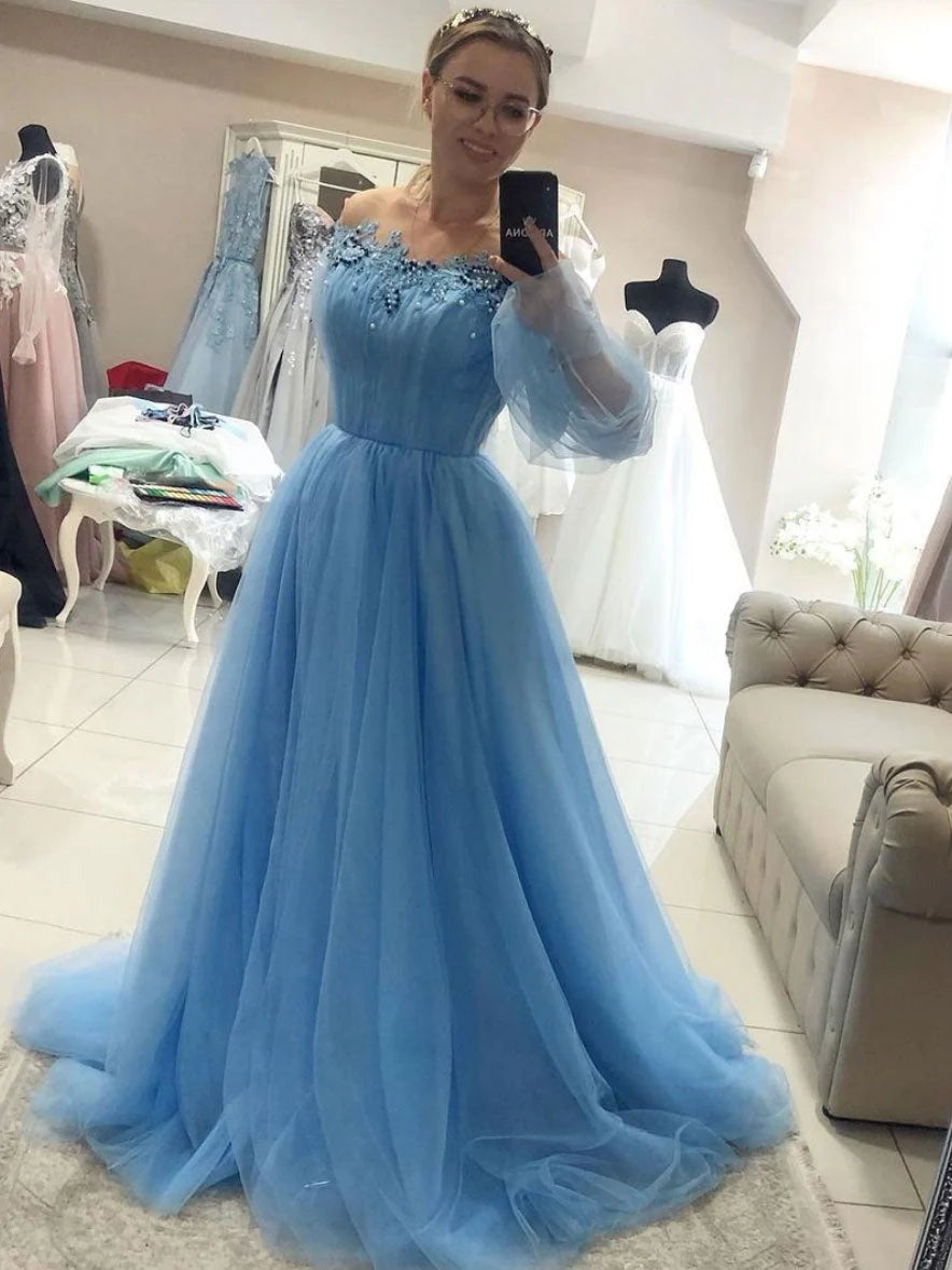 Elegant A-Line Off the Shoulder Long Sleeve Lace Up Floor-Length Prom Dress