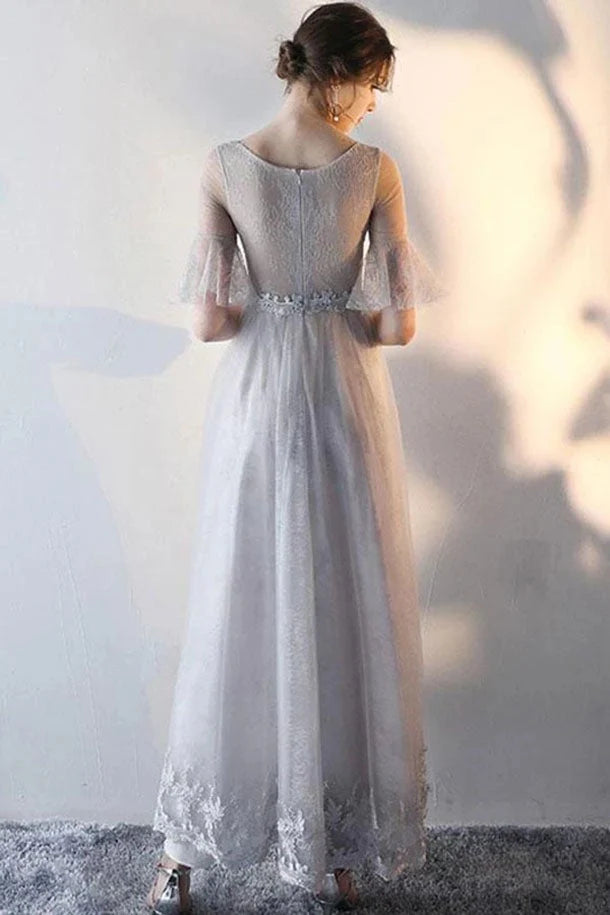 Elegant A-Line Round Neck Half Sleeve Lace Grey Floor-Length Prom Dress