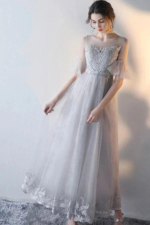 Elegant A-Line Round Neck Half Sleeve Lace Grey Floor-Length Prom Dress