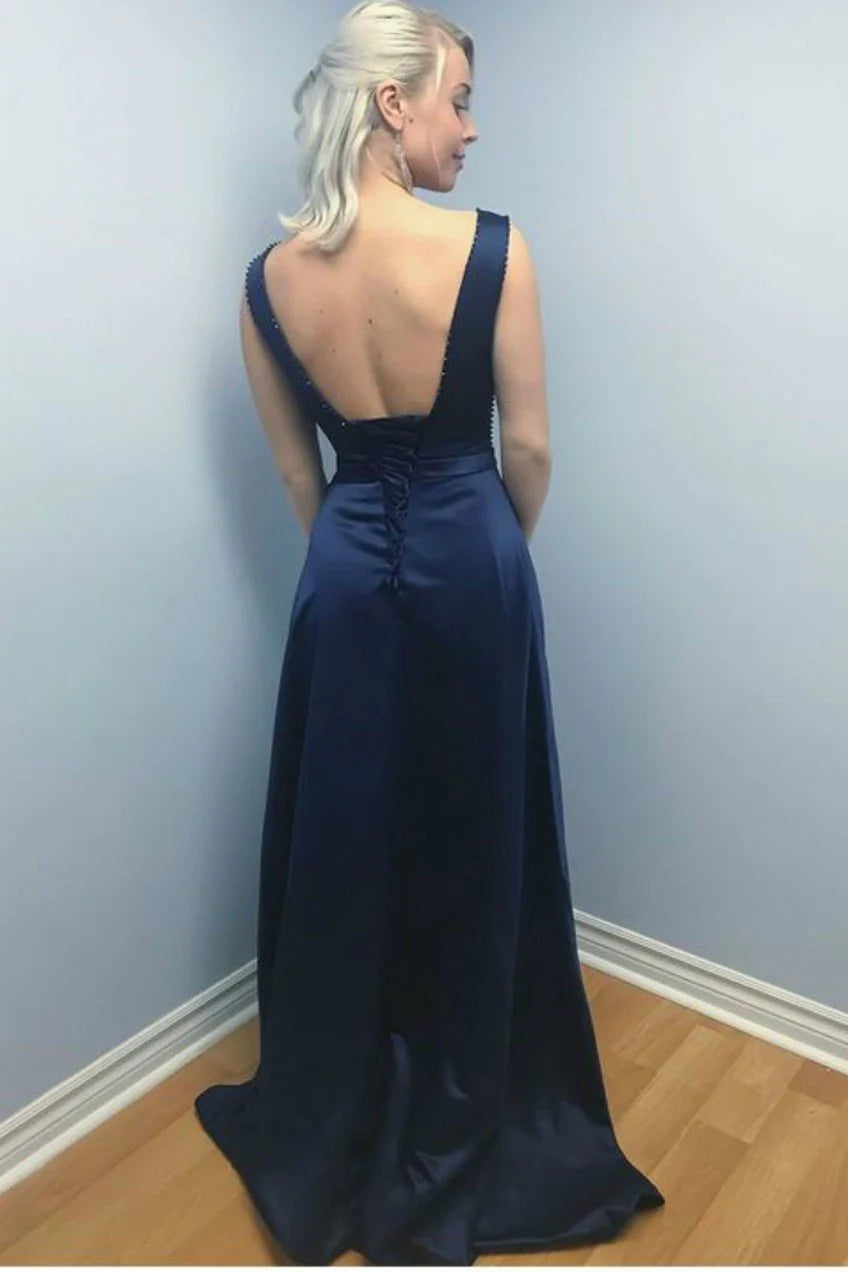 Elegant A-Line Scoop Neck Sleeveless Low Back Floor-Length Prom Dress