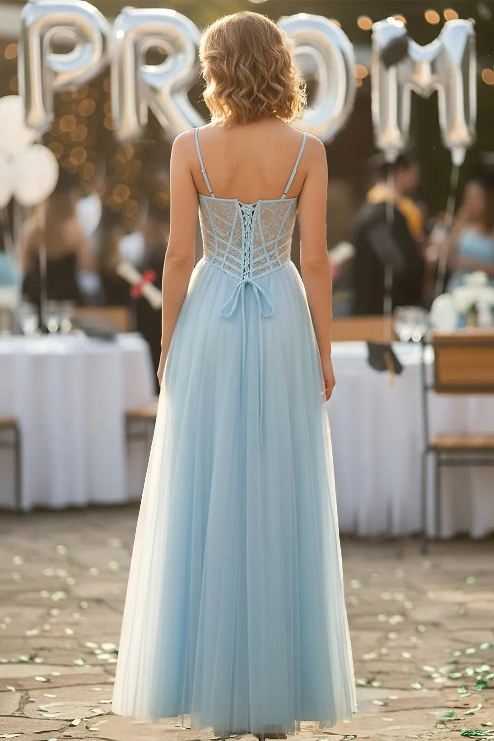 Elegant A-Line Spaghetti Strap Corsets Lace Tulle Sky Blue Floor Length Prom Dress