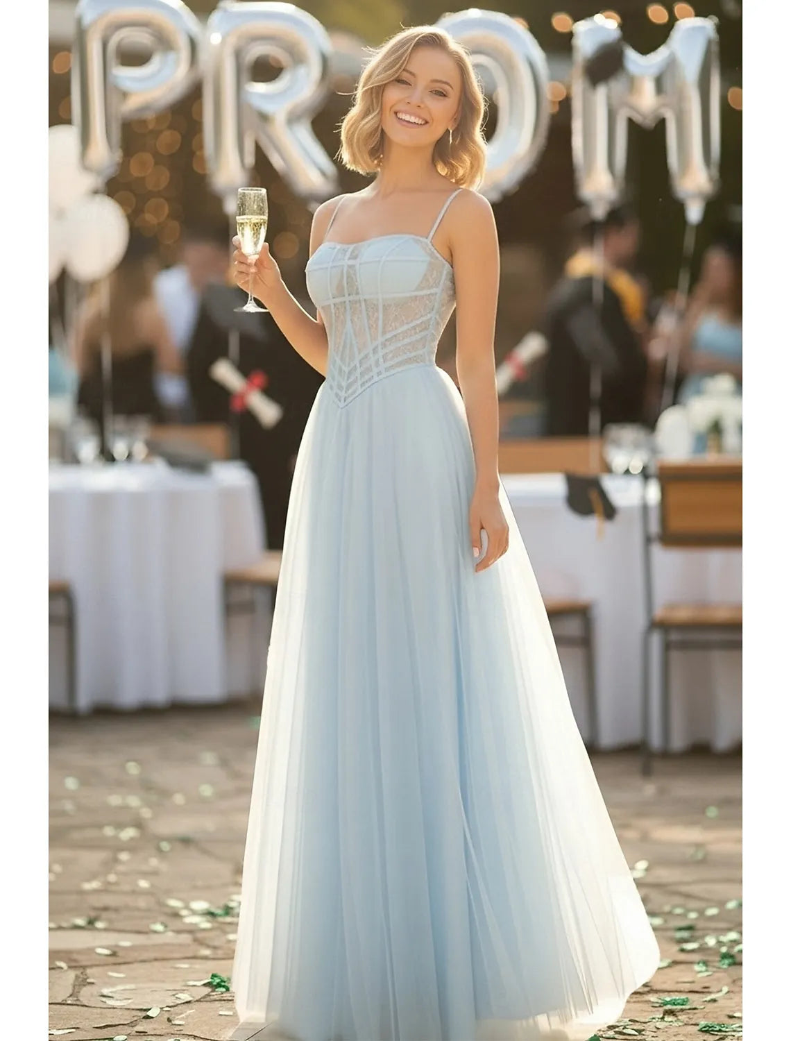 Elegant A-Line Spaghetti Strap Corsets Lace Tulle Sky Blue Floor Length Prom Dress