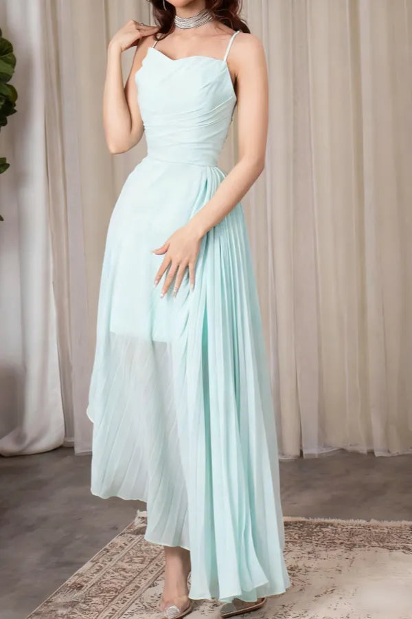 Elegant A-Line Spaghetti Straps Sleeveless Lace Up Asymmetrical-Length Prom Dress