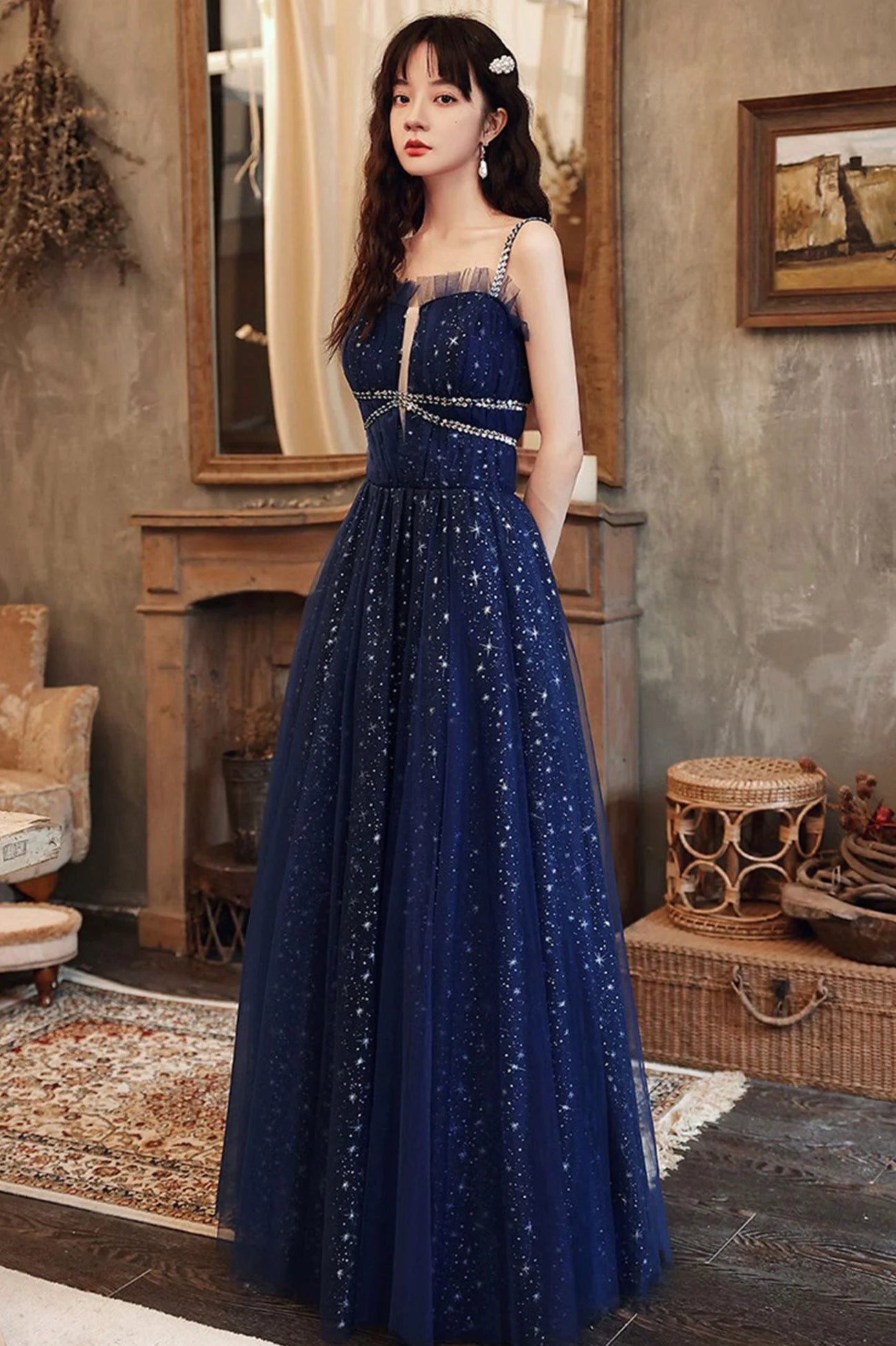 Elegant A-Line Spaghetti Straps Sleeveless Lace Up Floor-Length Prom Dress