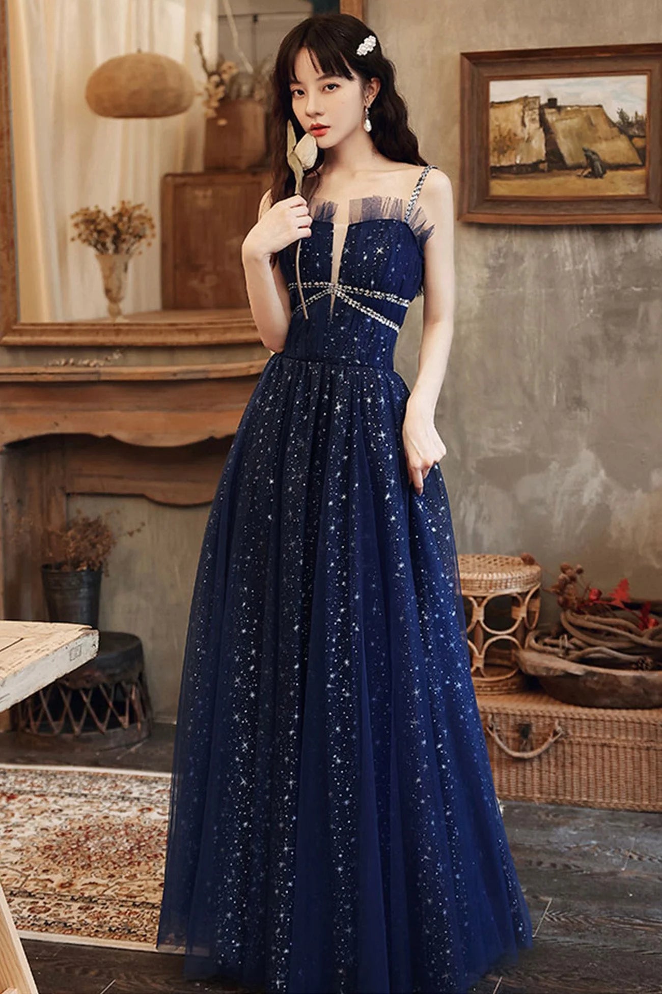 Elegant A-Line Spaghetti Straps Sleeveless Lace Up Floor-Length Prom Dress