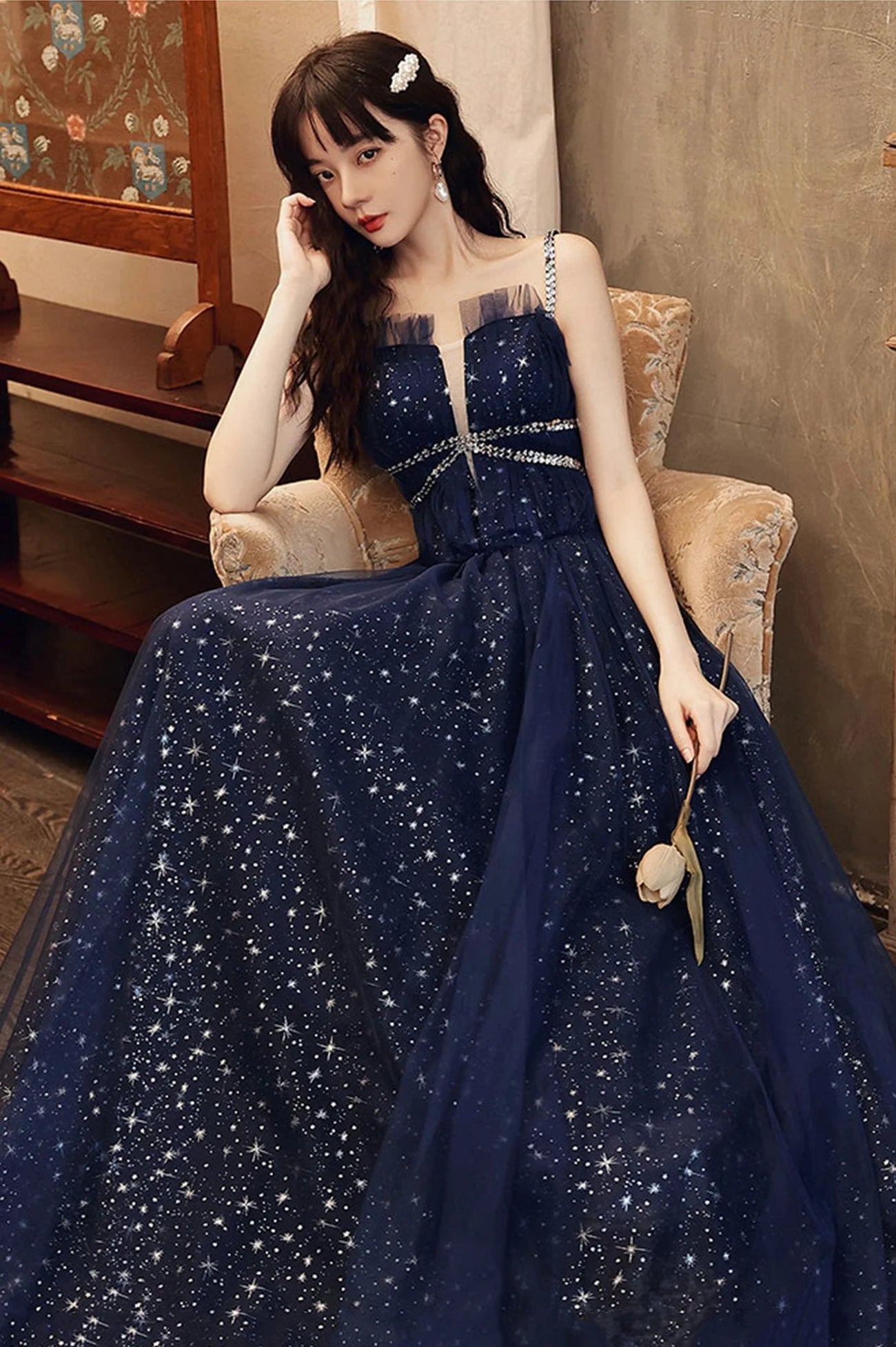 Elegant A-Line Spaghetti Straps Sleeveless Lace Up Floor-Length Prom Dress