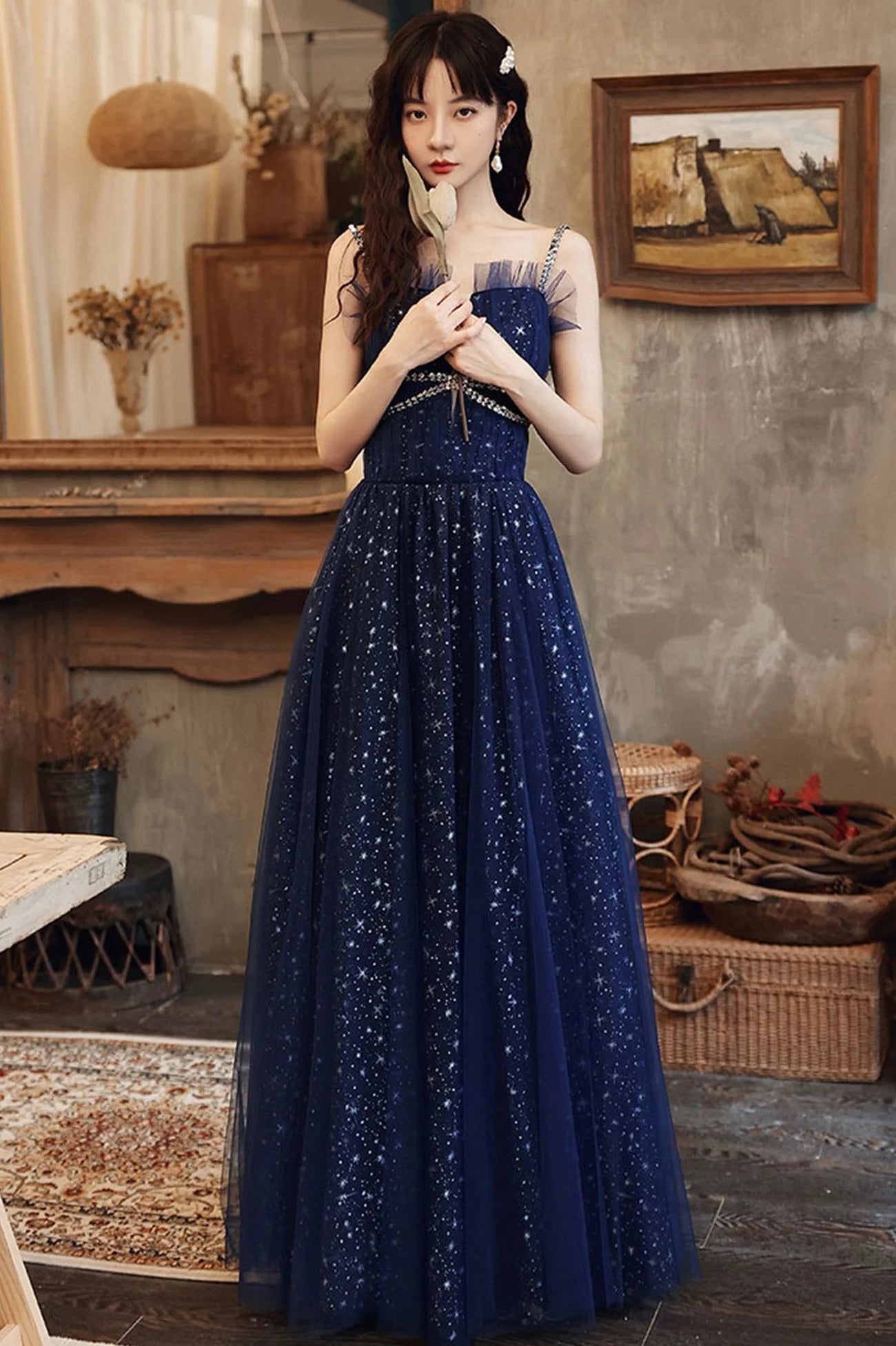 Elegant A-Line Spaghetti Straps Sleeveless Lace Up Floor-Length Prom Dress