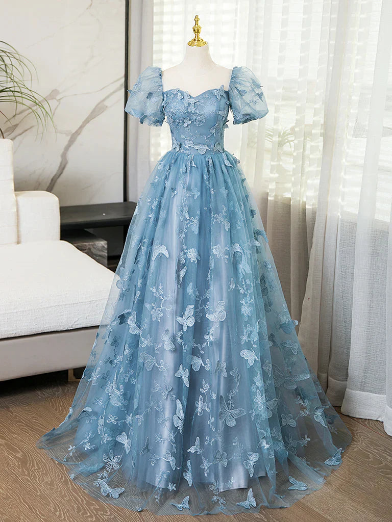 Elegant A-Line Square Neck Puff Sleeves Lace Up Sweep/Brush Traini Prom Dress