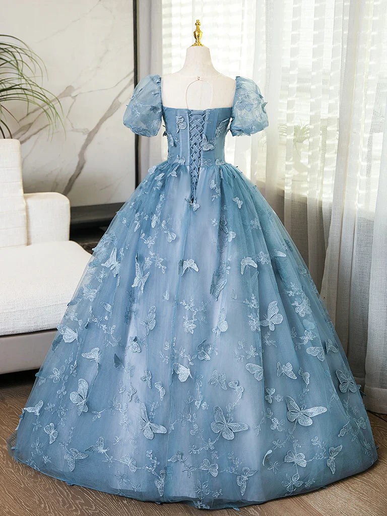 Elegant A-Line Square Neck Puff Sleeves Lace Up Sweep/Brush Traini Prom Dress