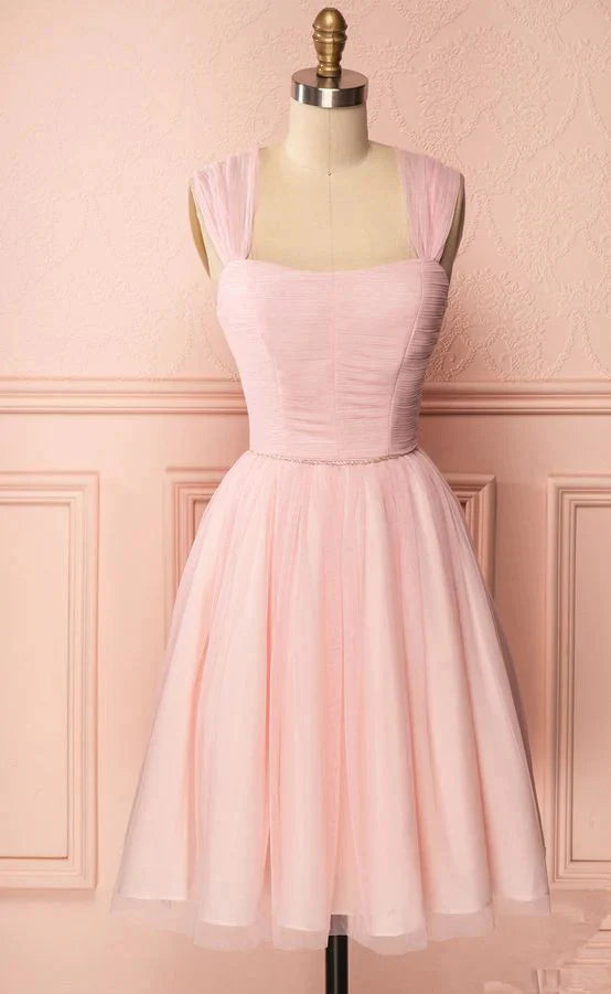 Elegant A-Line Square Neck Tulle Pink Midi Homecoming Dress