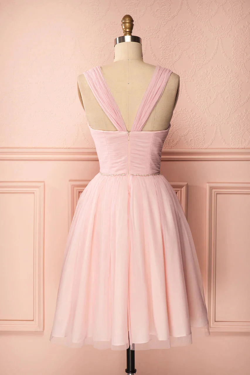 Elegant A-Line Square Neck Tulle Pink Midi Homecoming Dress