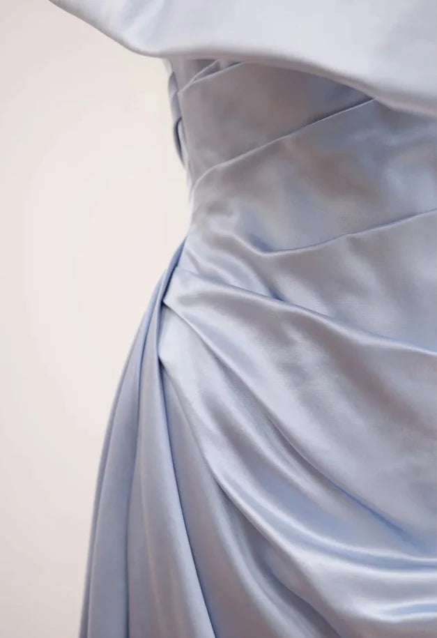 Elegant A-Line Strapless Ruched Dusty Blue Satin Long Party Dresses