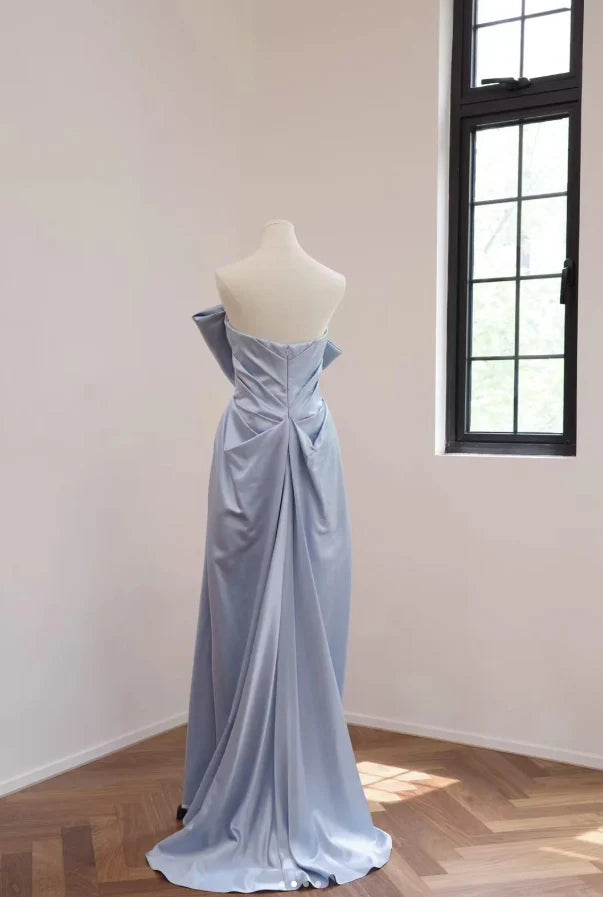 Elegant A-Line Strapless Ruched Dusty Blue Satin Long Party Dresses