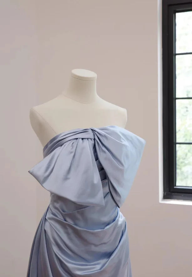 Elegant A-Line Strapless Ruched Dusty Blue Satin Long Party Dresses