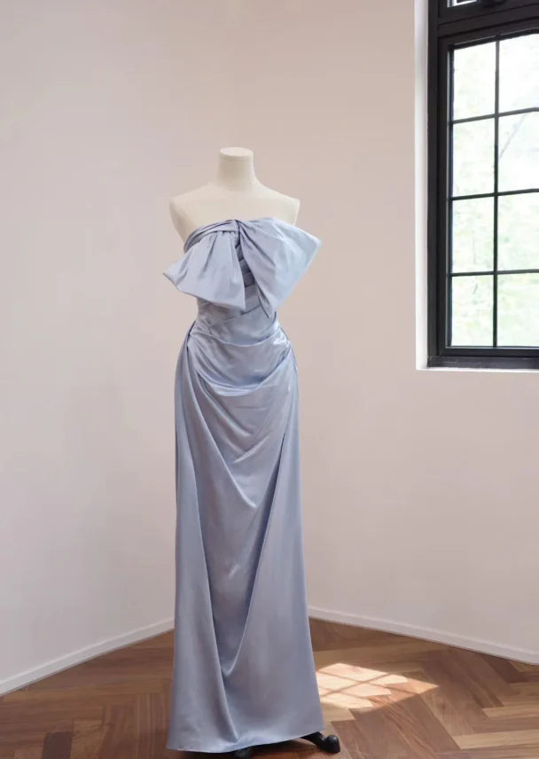 Elegant A-Line Strapless Ruched Dusty Blue Satin Long Party Dresses