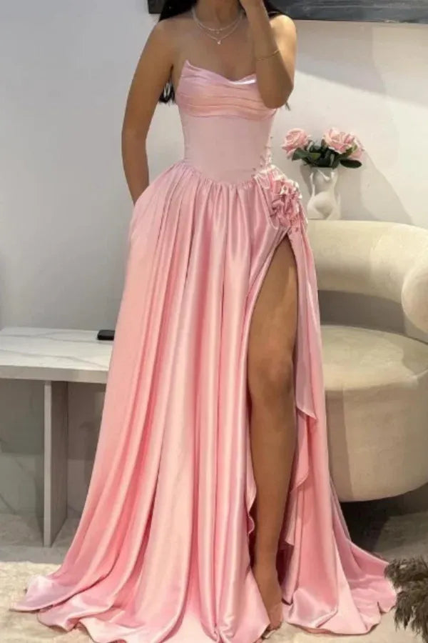 Elegant A-Line Strapless Sleeveless Lace Up Sweep/Brush Train Prom Dress