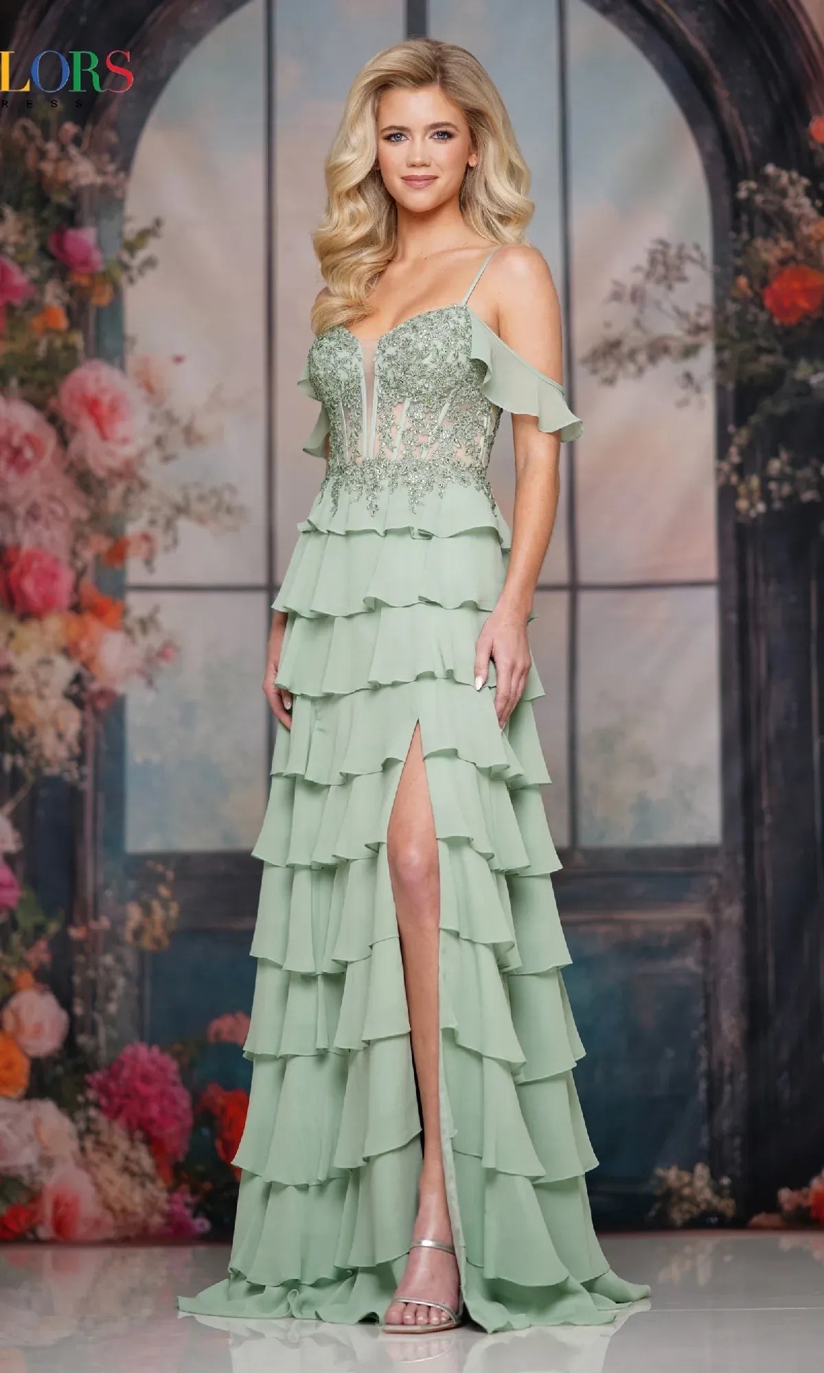 Elegant A-Line Spaghetti Straps Cold Shoulder Tiered Sage Maxi Prom Dress With Slit