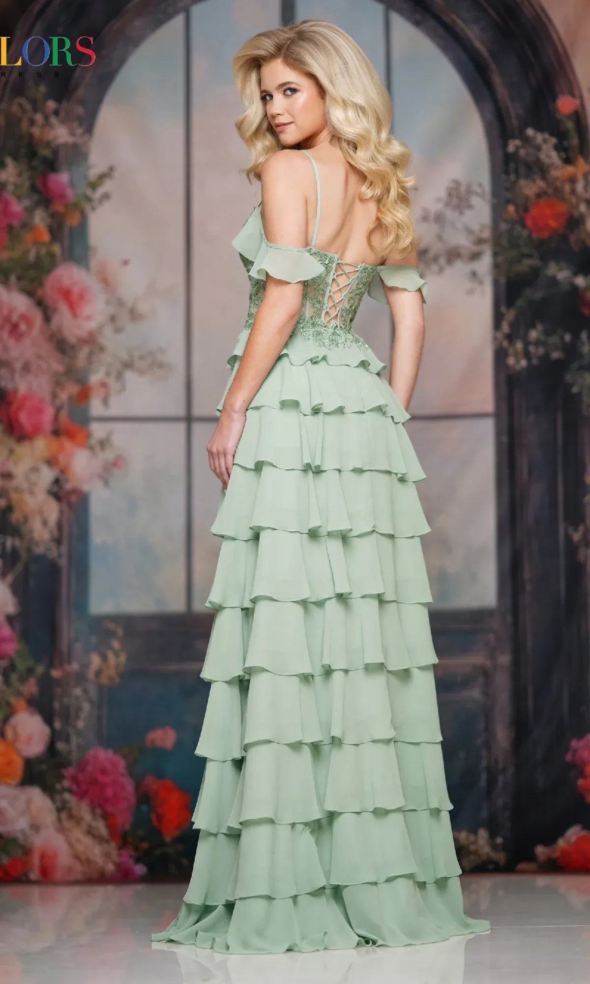 Elegant A-Line Spaghetti Straps Cold Shoulder Tiered Sage Maxi Prom Dress With Slit