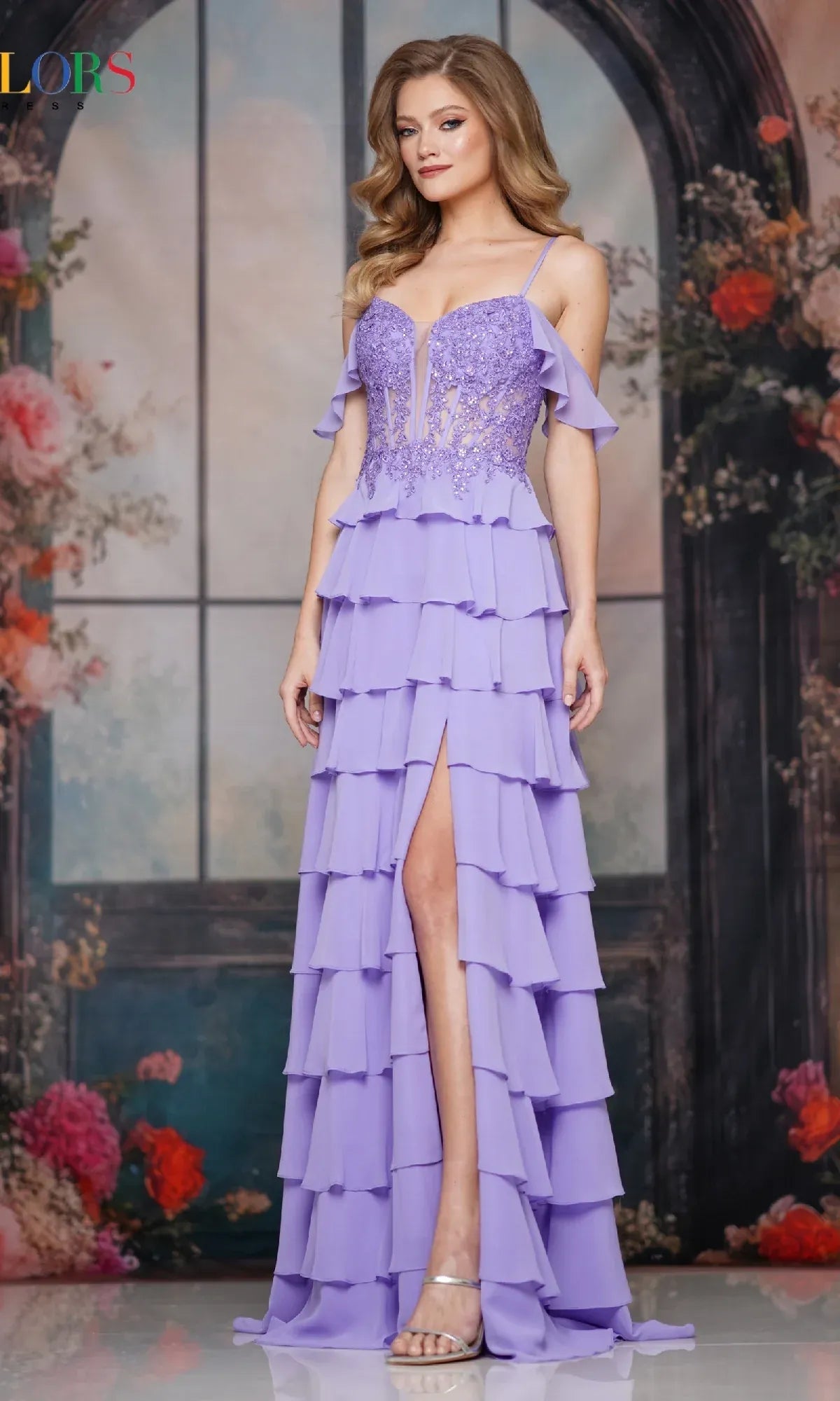 Elegant A-Line Spaghetti Straps Cold Shoulder Tiered Sage Maxi Prom Dress With Slit