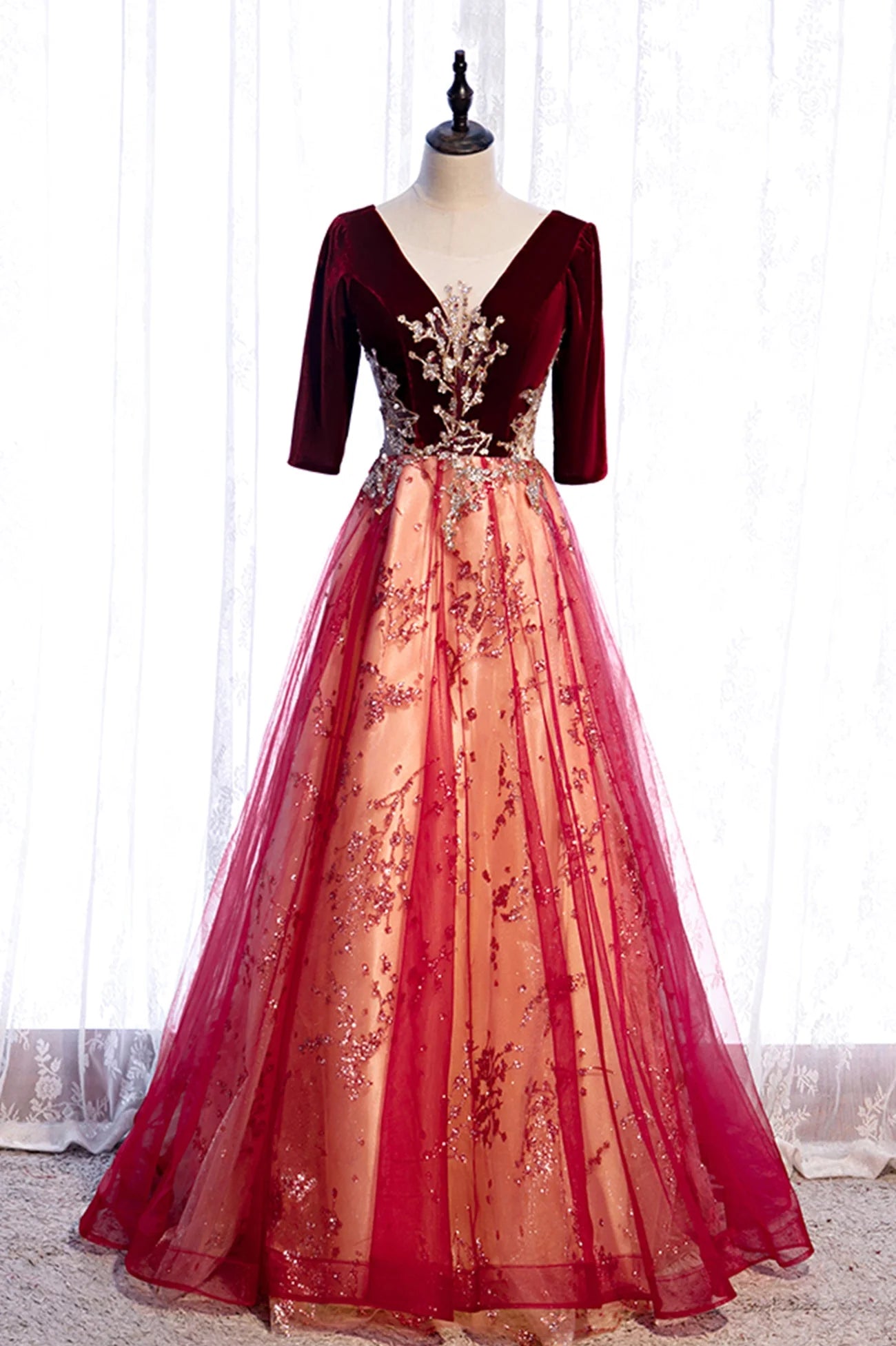 Elegant A-Line V-Neck 1/2 Sleeve Lace Up Floor-Length Prom Dress